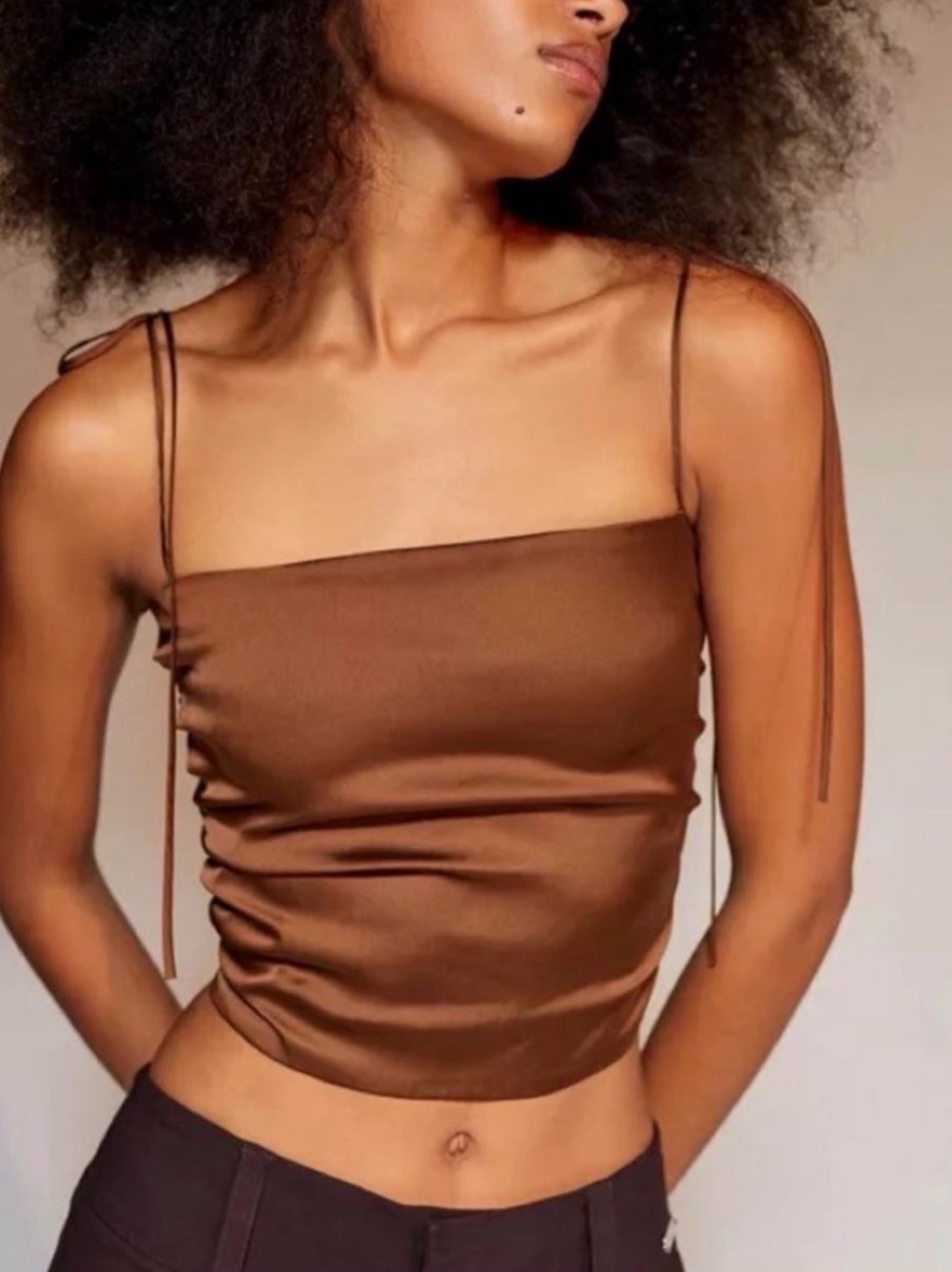 Urban Outfitters Brown Satin Square-Neck Cami with Tie Straps
